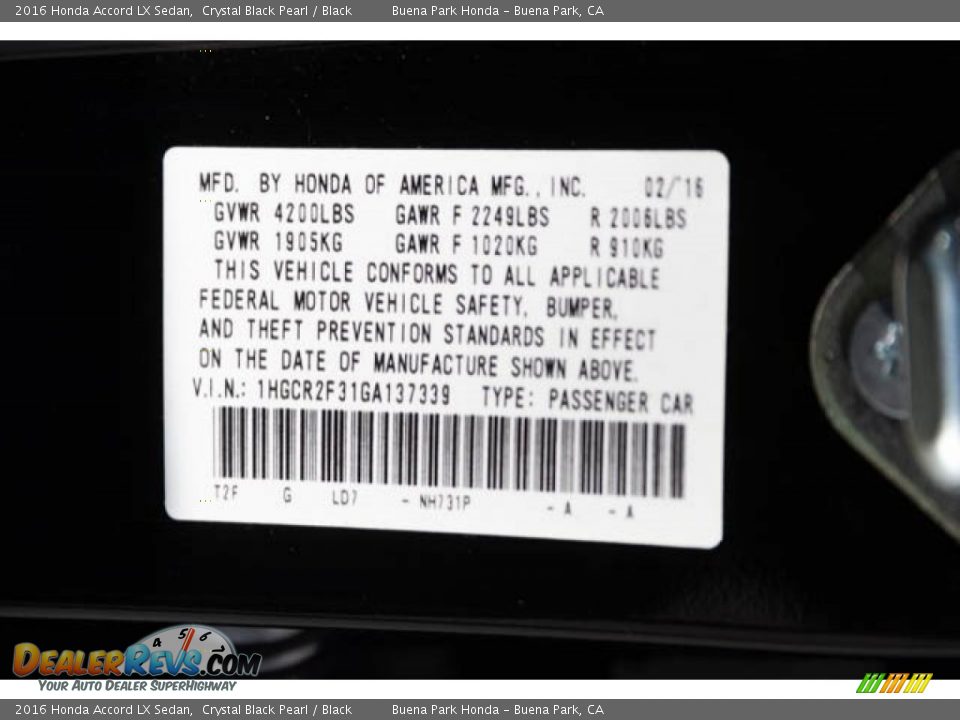 2016 Honda Accord LX Sedan Crystal Black Pearl / Black Photo #36