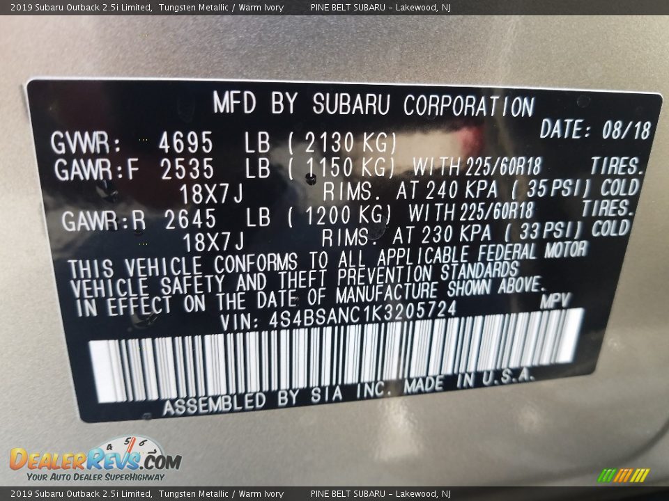 2019 Subaru Outback 2.5i Limited Tungsten Metallic / Warm Ivory Photo #9
