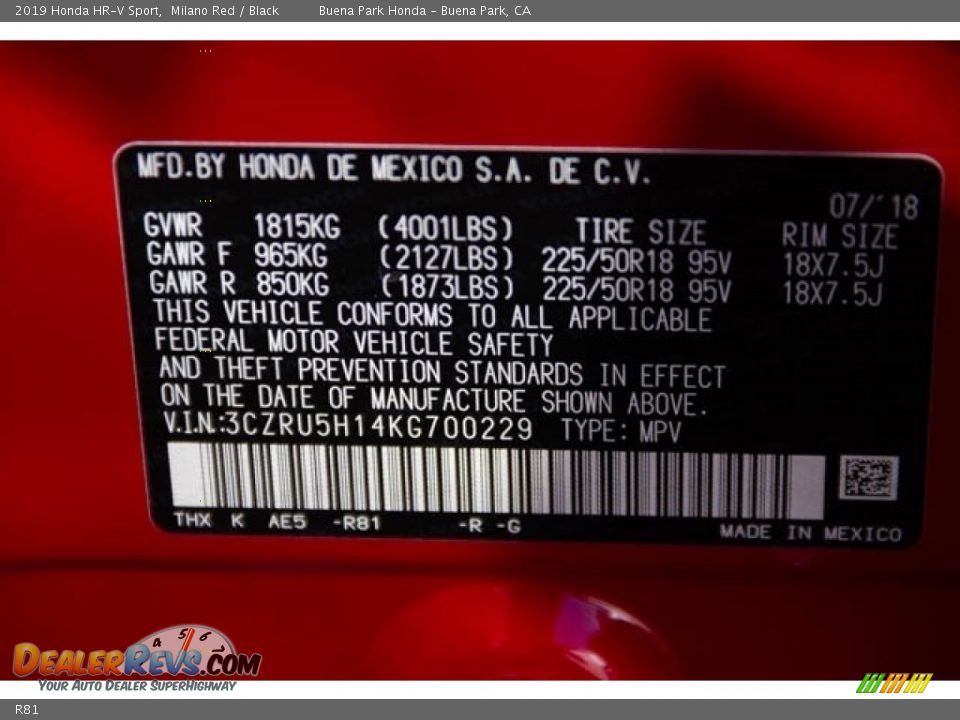 Honda Color Code R81 Milano Red