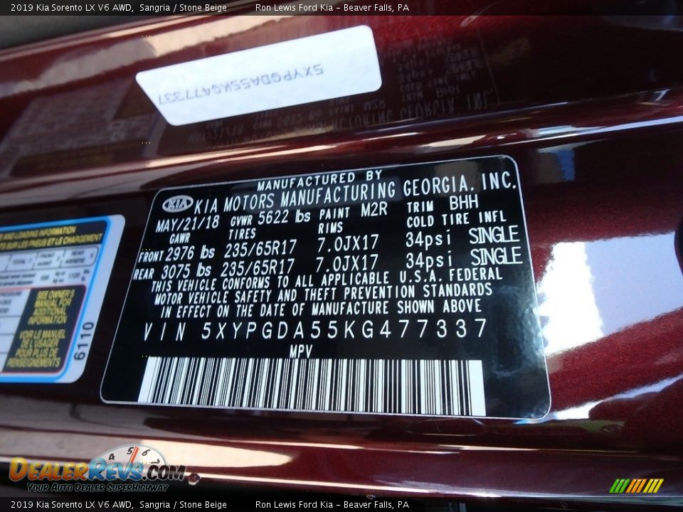 2019 Kia Sorento LX V6 AWD Sangria / Stone Beige Photo #15