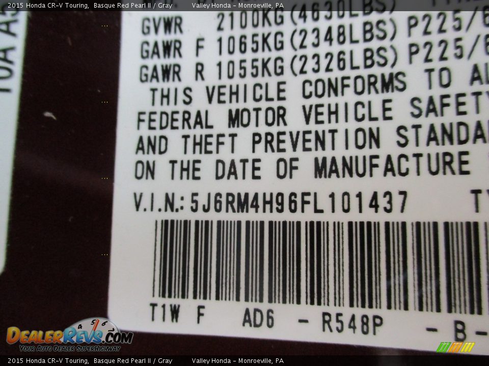 2015 Honda CR-V Touring Basque Red Pearl II / Gray Photo #20