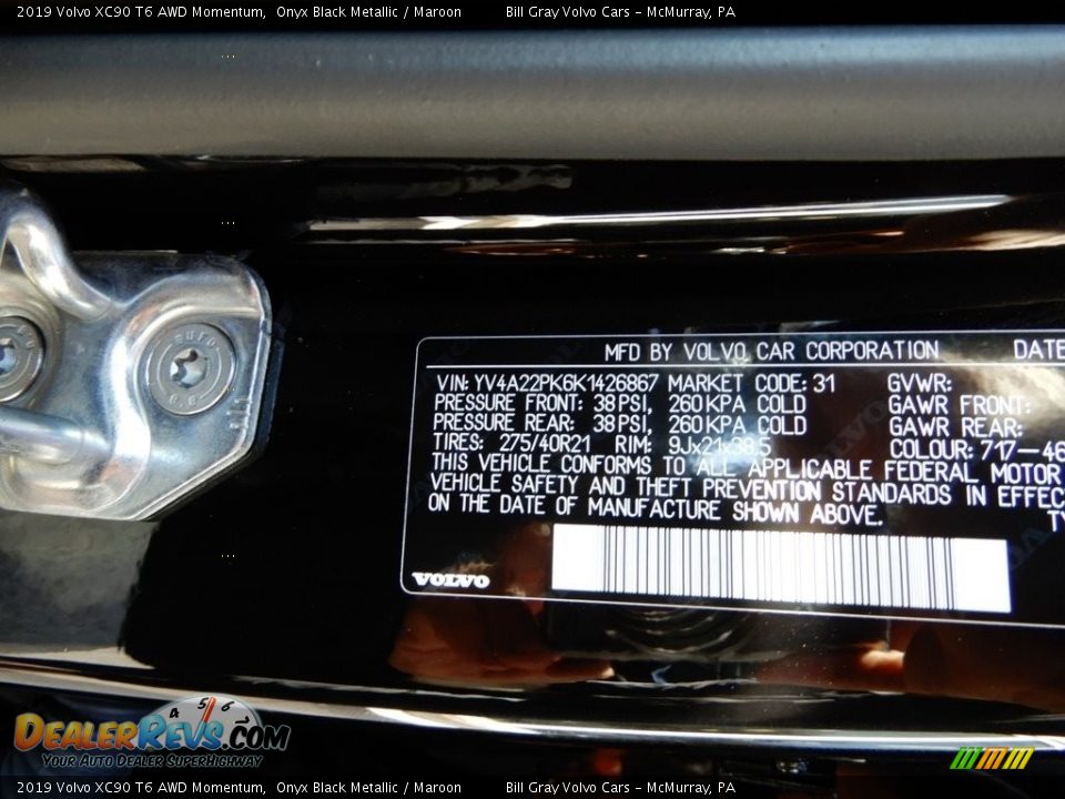 2019 Volvo XC90 T6 AWD Momentum Onyx Black Metallic / Maroon Photo #11