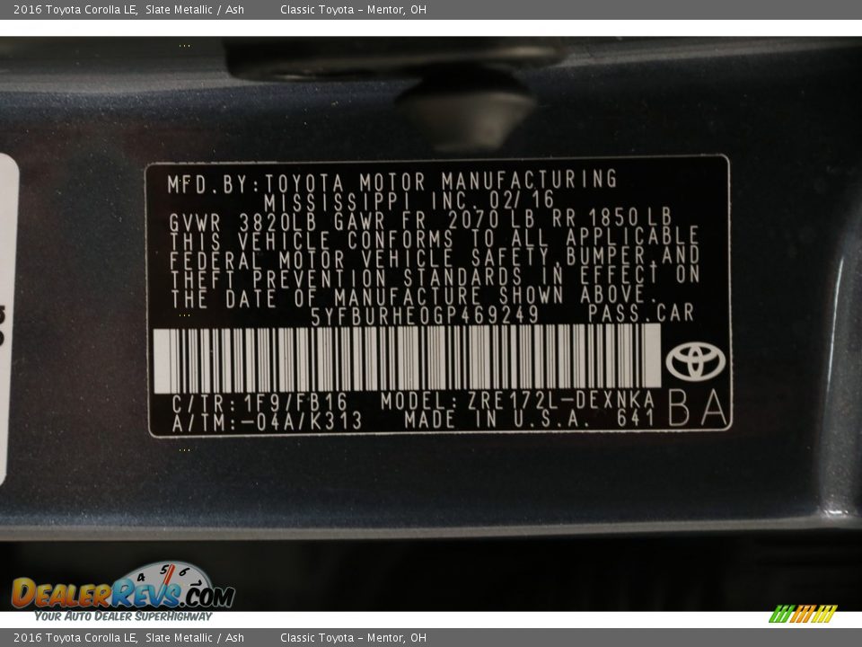 2016 Toyota Corolla LE Slate Metallic / Ash Photo #18