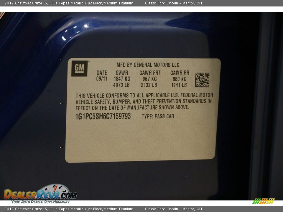 2012 Chevrolet Cruze LS Blue Topaz Metallic / Jet Black/Medium Titanium Photo #17