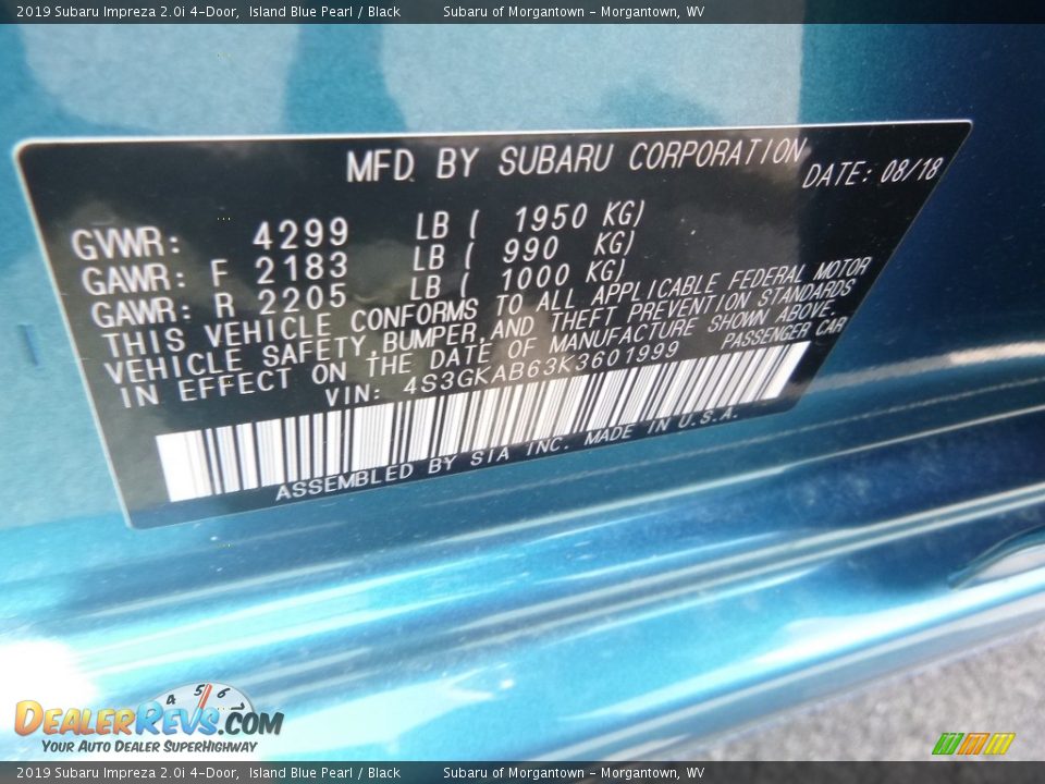 2019 Subaru Impreza 2.0i 4-Door Island Blue Pearl / Black Photo #16