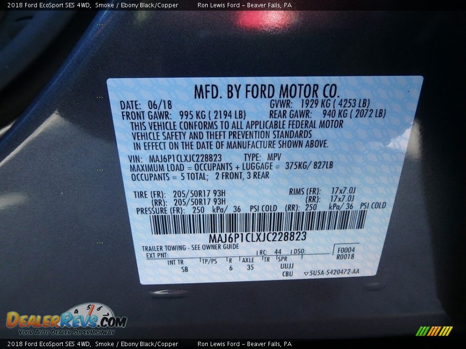 2018 Ford EcoSport SES 4WD Smoke / Ebony Black/Copper Photo #15