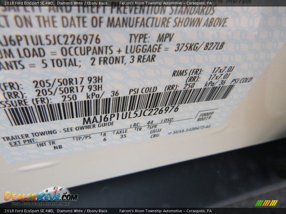 2018 Ford EcoSport SE 4WD Diamond White / Ebony Black Photo #12