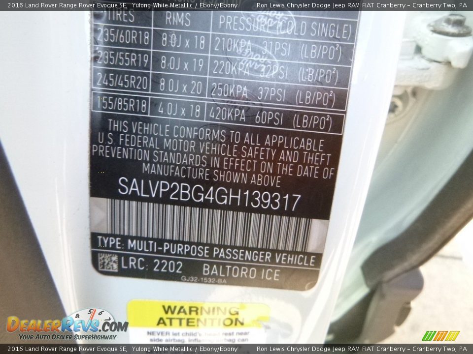 2016 Land Rover Range Rover Evoque SE Yulong White Metalllic / Ebony/Ebony Photo #13