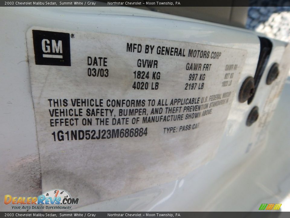 2003 Chevrolet Malibu Sedan Summit White / Gray Photo #15