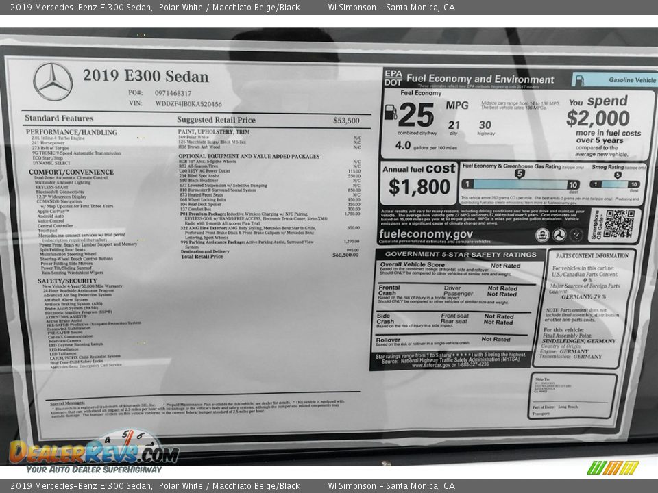 2019 Mercedes-Benz E 300 Sedan Window Sticker Photo #10