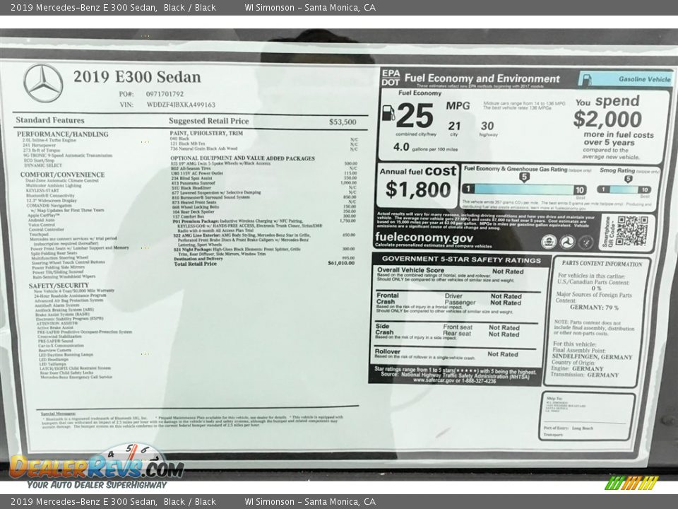 2019 Mercedes-Benz E 300 Sedan Window Sticker Photo #10