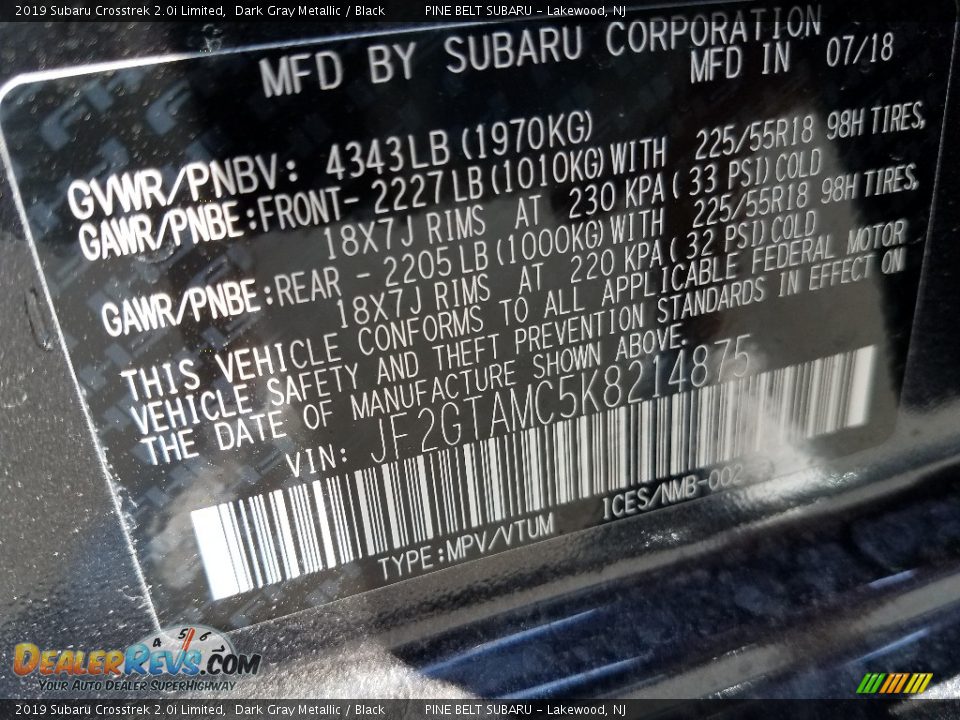 2019 Subaru Crosstrek 2.0i Limited Dark Gray Metallic / Black Photo #9