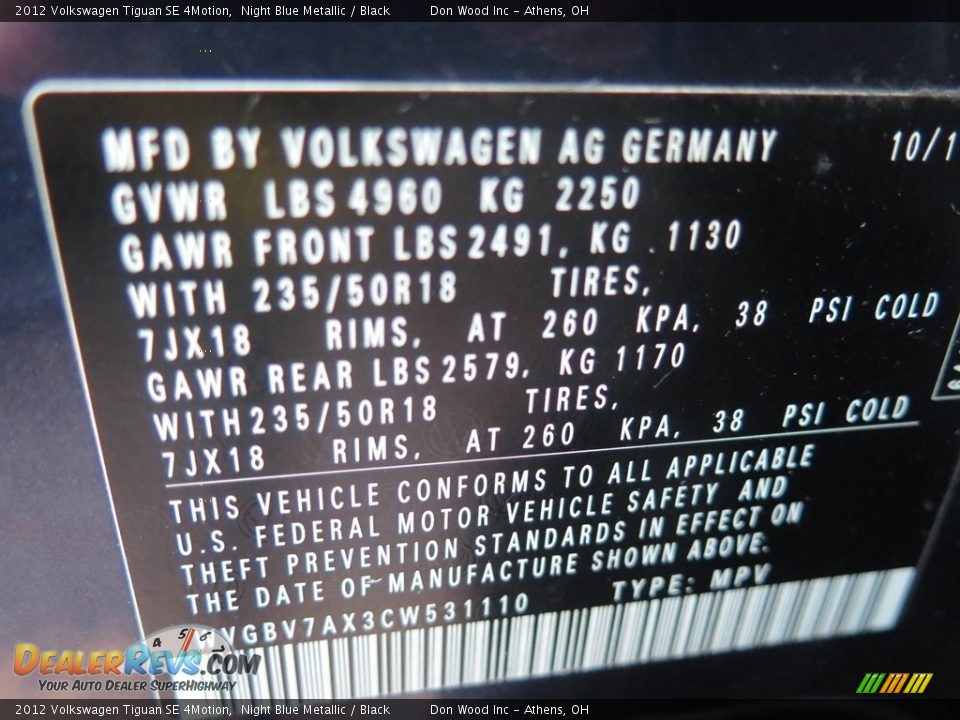 2012 Volkswagen Tiguan SE 4Motion Night Blue Metallic / Black Photo #33