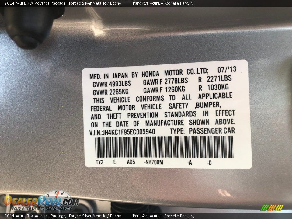 2014 Acura RLX Advance Package Forged Silver Metallic / Ebony Photo #30
