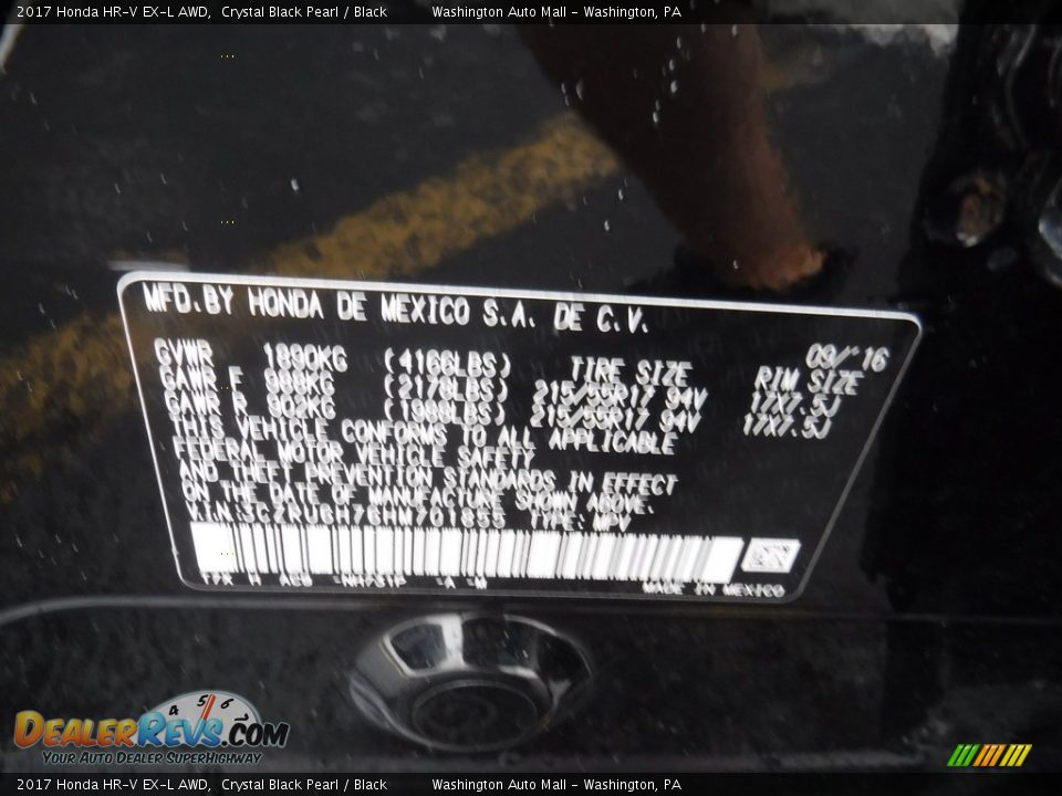 2017 Honda HR-V EX-L AWD Crystal Black Pearl / Black Photo #29