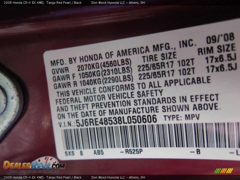 2008 Honda CR-V EX 4WD Tango Red Pearl / Black Photo #36
