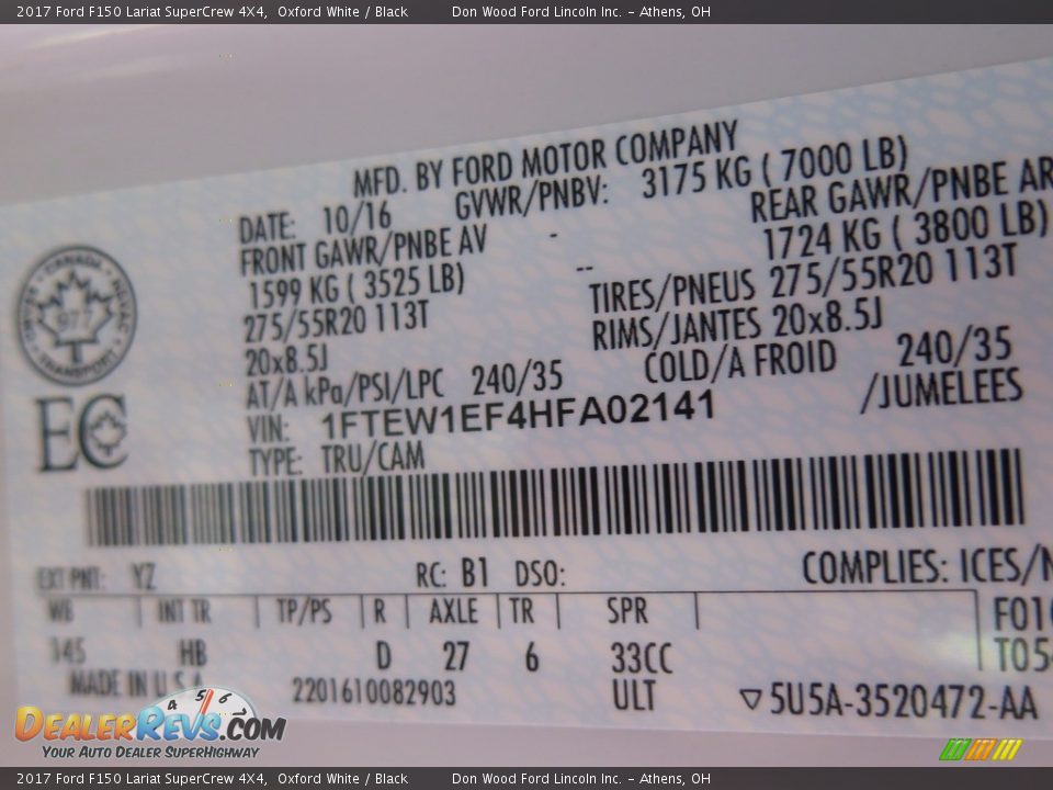 2017 Ford F150 Lariat SuperCrew 4X4 Oxford White / Black Photo #34