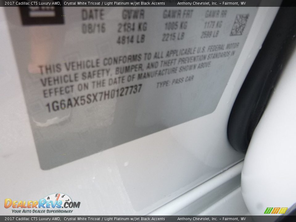 2017 Cadillac CTS Luxury AWD Crystal White Tricoat / Light Platinum w/Jet Black Accents Photo #13