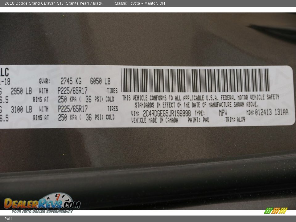 Dodge Color Code PAU Granite Pearl