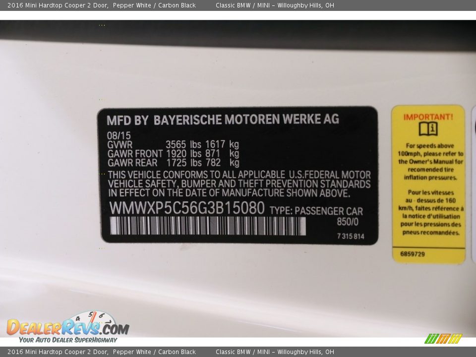 2016 Mini Hardtop Cooper 2 Door Pepper White / Carbon Black Photo #22