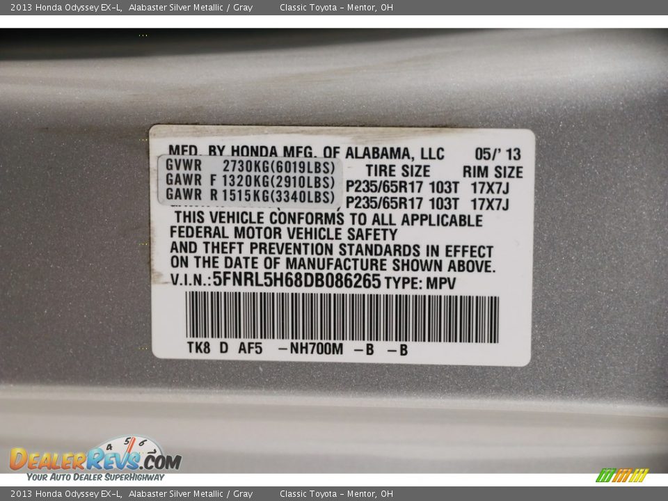 2013 Honda Odyssey EX-L Alabaster Silver Metallic / Gray Photo #30