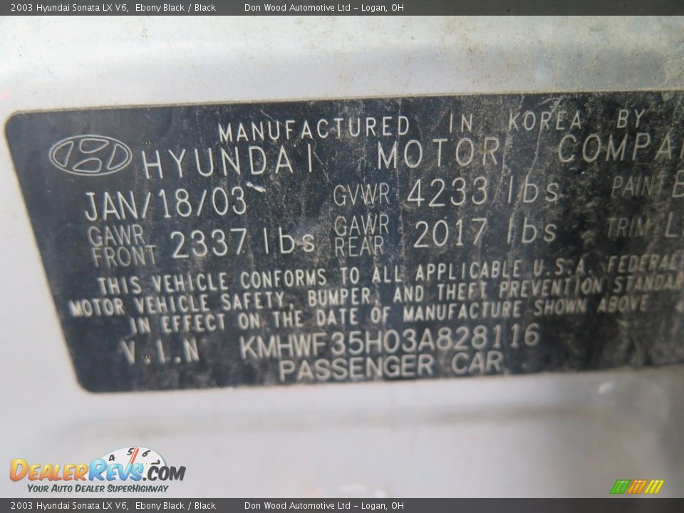 2003 Hyundai Sonata LX V6 Ebony Black / Black Photo #34