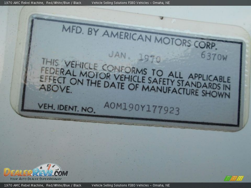 Info Tag of 1970 AMC Rebel Machine Photo #23