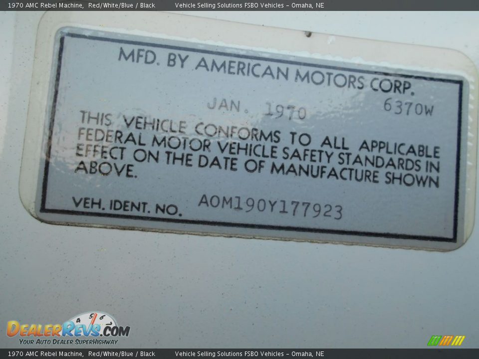 Info Tag of 1970 AMC Rebel Machine Photo #23