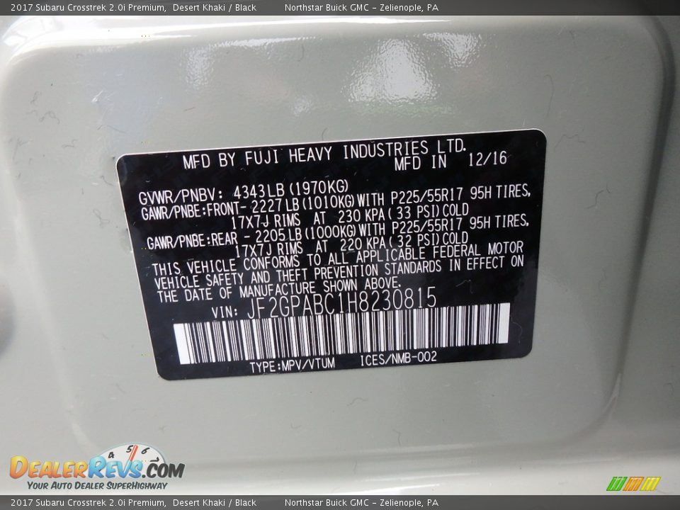 2017 Subaru Crosstrek 2.0i Premium Desert Khaki / Black Photo #20