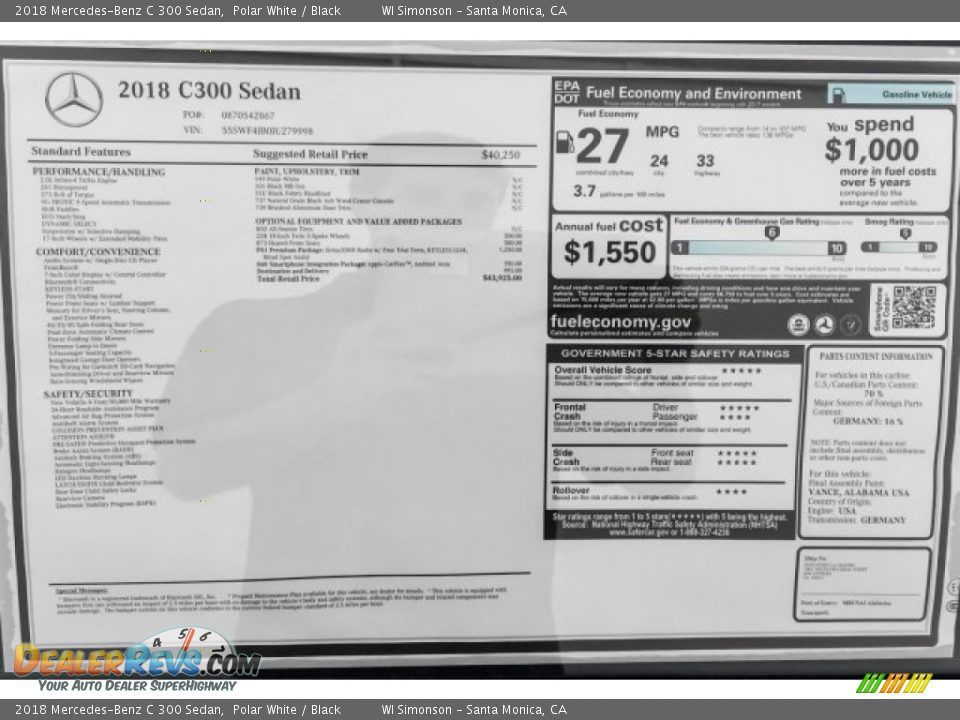 2018 Mercedes-Benz C 300 Sedan Polar White / Black Photo #10