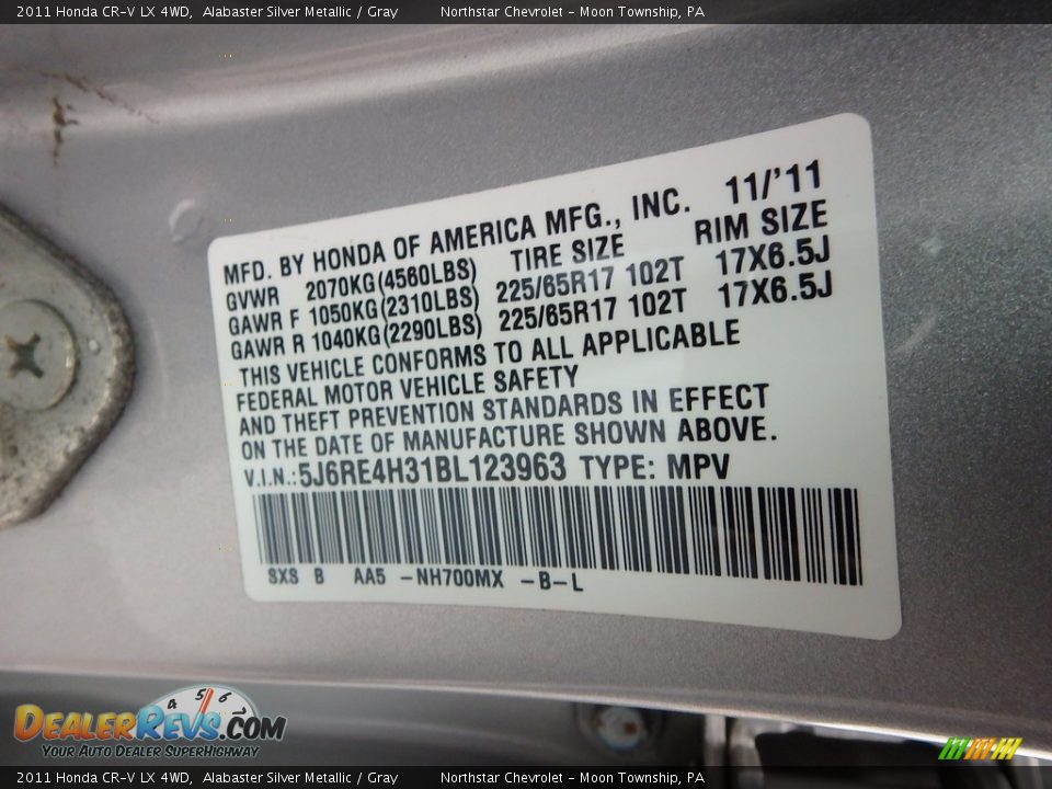 2011 Honda CR-V LX 4WD Alabaster Silver Metallic / Gray Photo #29