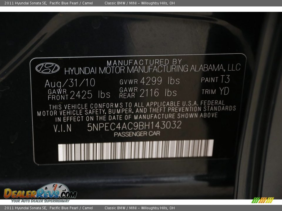 2011 Hyundai Sonata SE Pacific Blue Pearl / Camel Photo #26