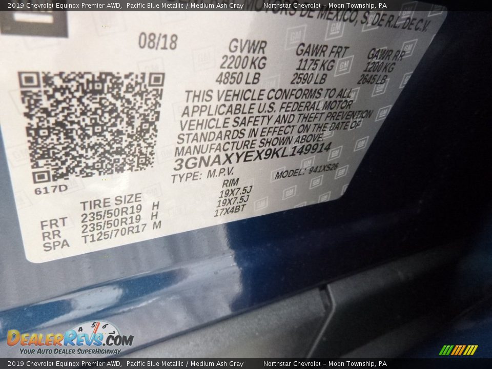 2019 Chevrolet Equinox Premier AWD Pacific Blue Metallic / Medium Ash Gray Photo #16