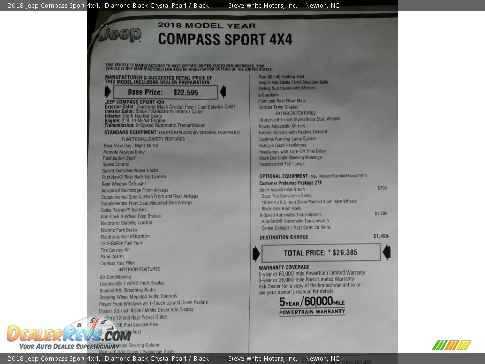 2018 Jeep Compass Sport 4x4 Diamond Black Crystal Pearl / Black Photo #28
