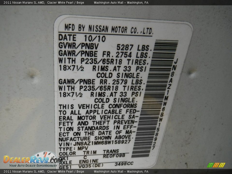 2011 Nissan Murano SL AWD Glacier White Pearl / Beige Photo #24