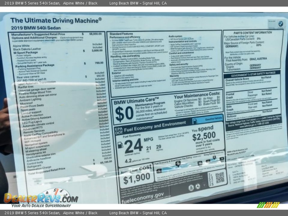 2019 BMW 5 Series 540i Sedan Alpine White / Black Photo #10