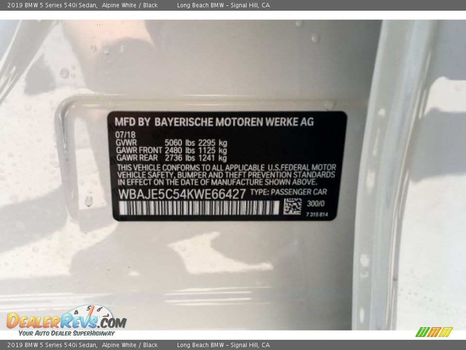 2019 BMW 5 Series 540i Sedan Alpine White / Black Photo #11