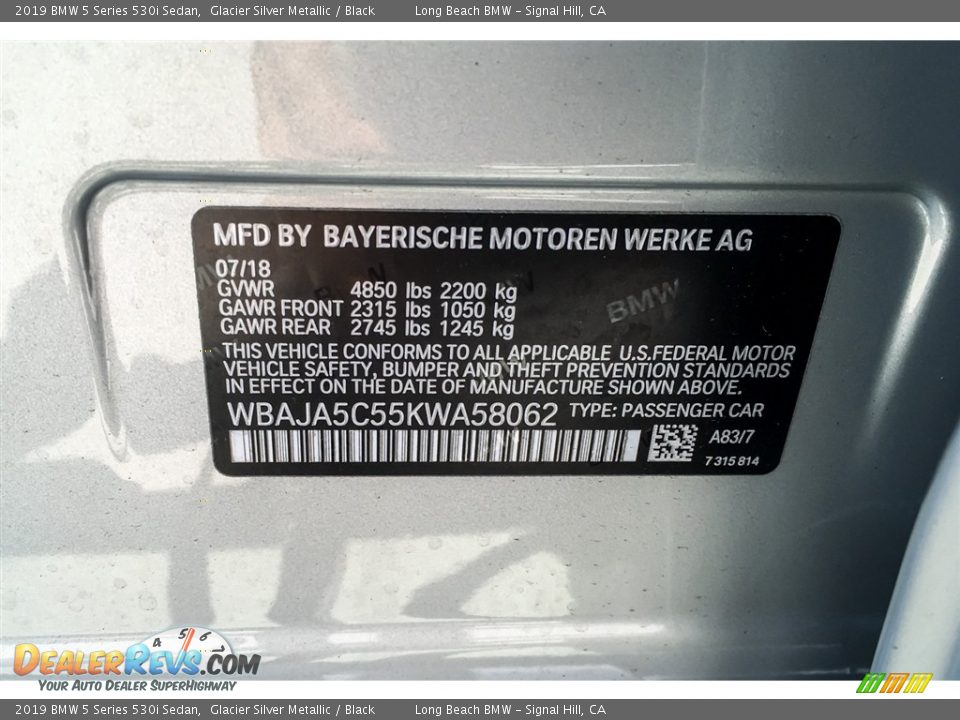 2019 BMW 5 Series 530i Sedan Glacier Silver Metallic / Black Photo #11