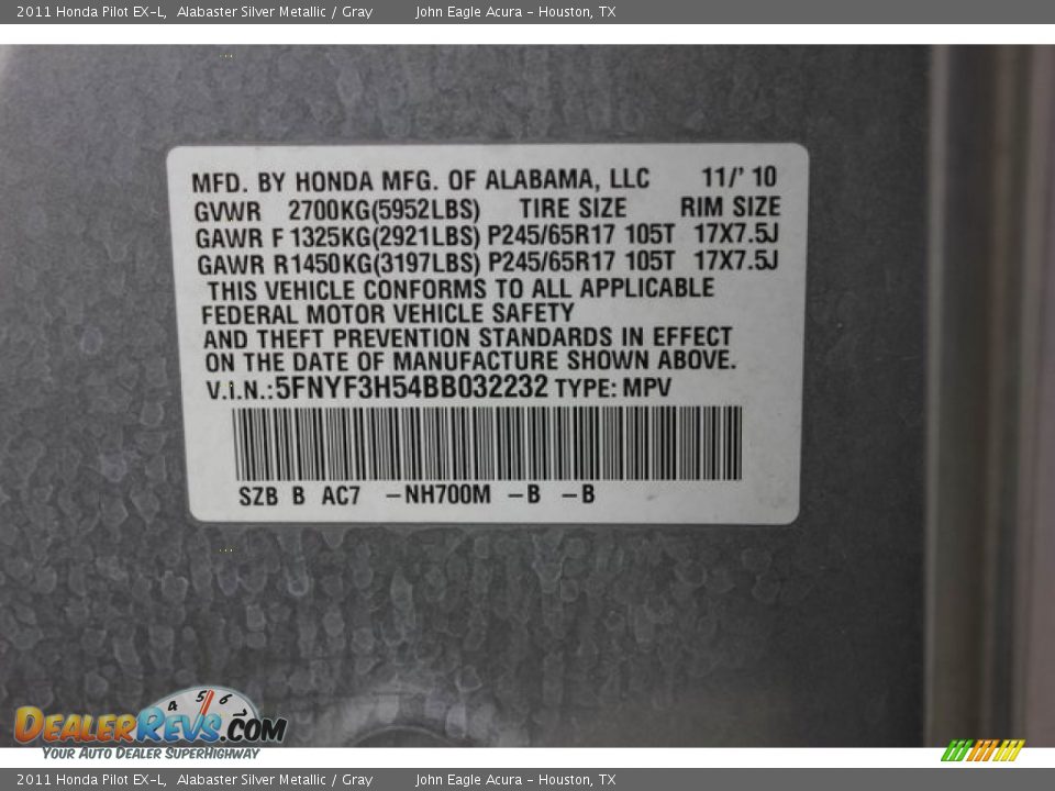 2011 Honda Pilot EX-L Alabaster Silver Metallic / Gray Photo #33