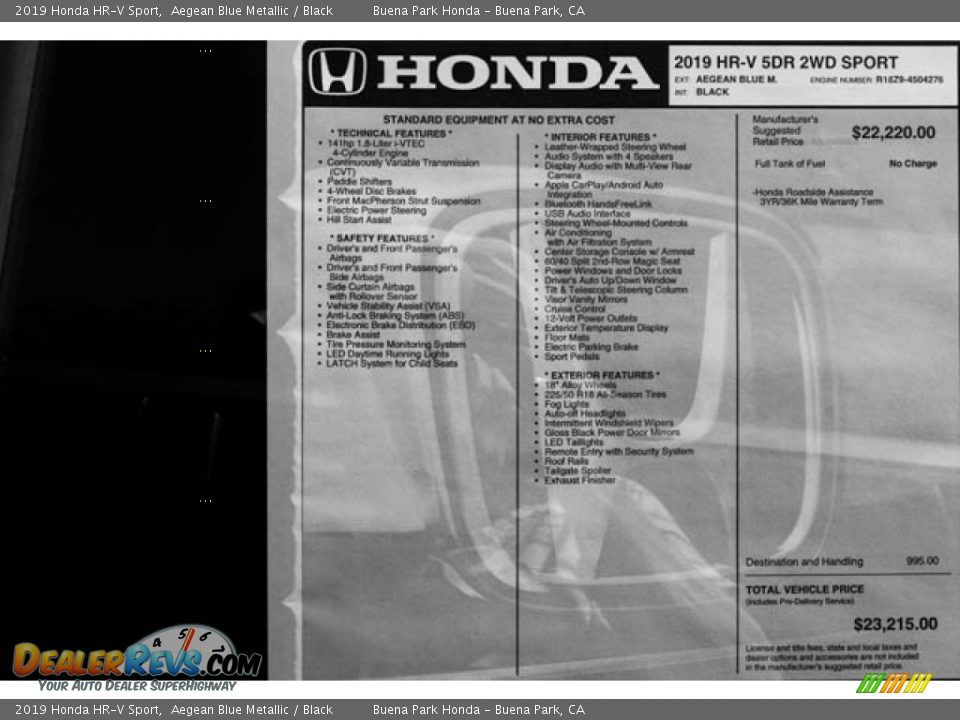 2019 Honda HR-V Sport Aegean Blue Metallic / Black Photo #33