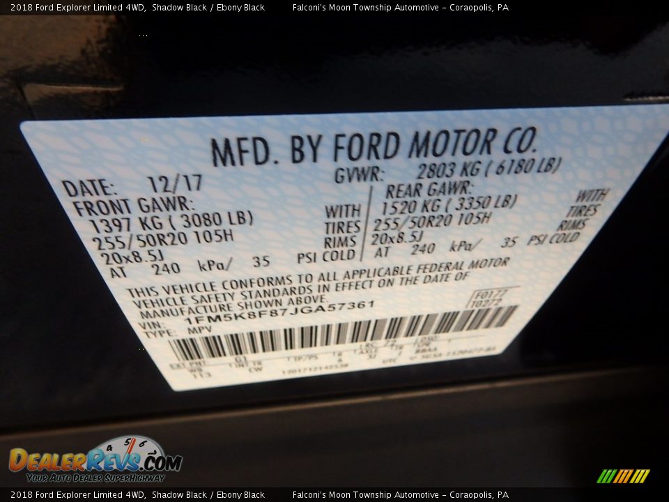 2018 Ford Explorer Limited 4WD Shadow Black / Ebony Black Photo #23