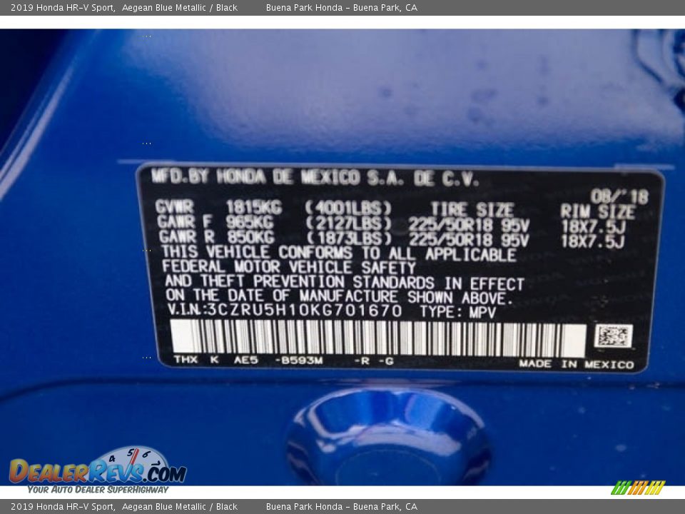 2019 Honda HR-V Sport Aegean Blue Metallic / Black Photo #35