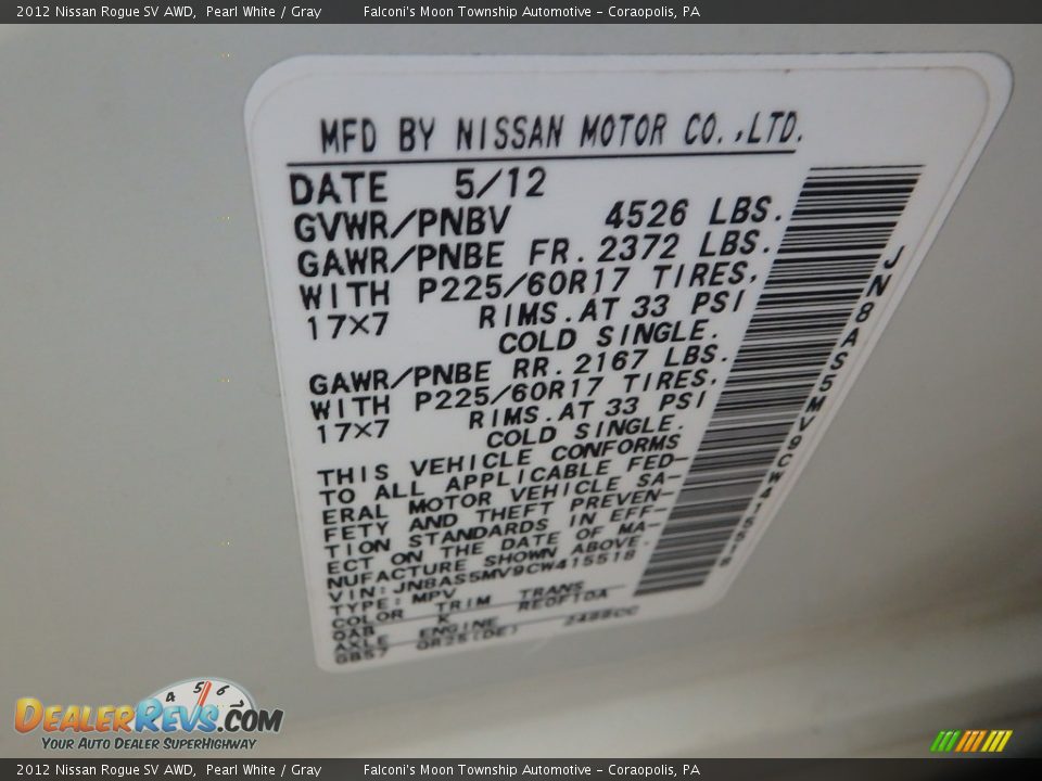 2012 Nissan Rogue SV AWD Pearl White / Gray Photo #23