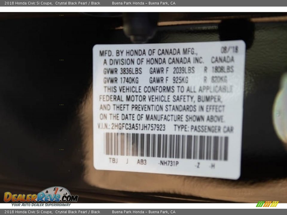 2018 Honda Civic Si Coupe Crystal Black Pearl / Black Photo #25