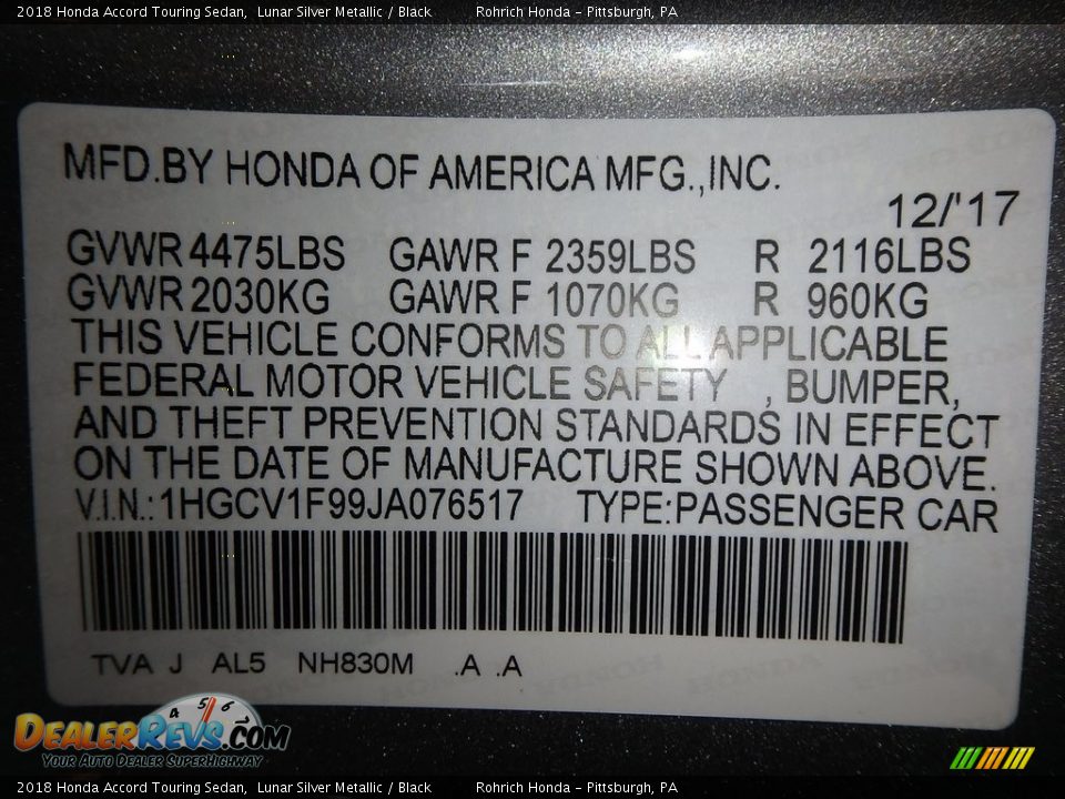 2018 Honda Accord Touring Sedan Lunar Silver Metallic / Black Photo #10