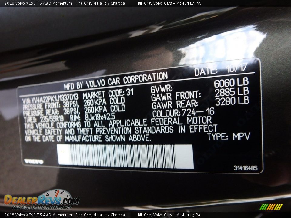 2018 Volvo XC90 T6 AWD Momentum Pine Grey Metallic / Charcoal Photo #23
