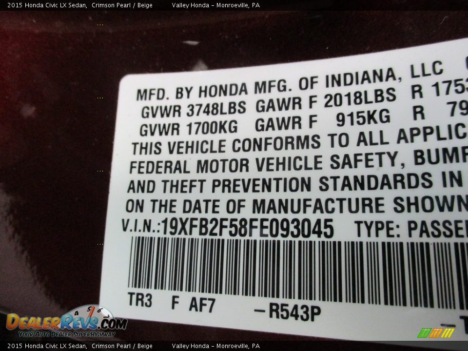 2015 Honda Civic LX Sedan Crimson Pearl / Beige Photo #19