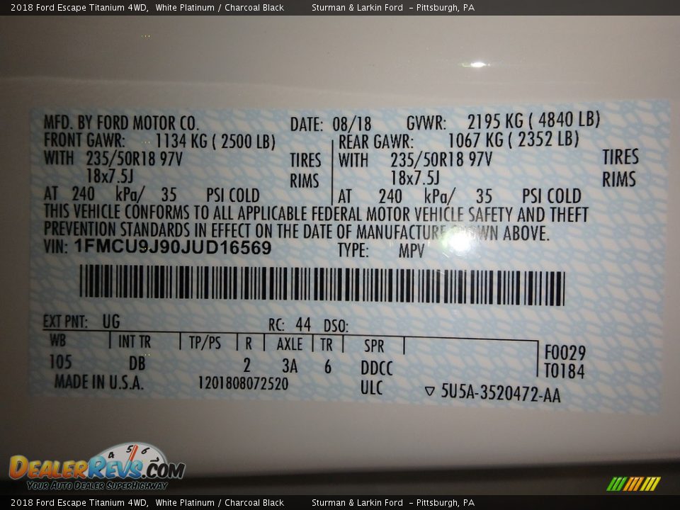 2018 Ford Escape Titanium 4WD White Platinum / Charcoal Black Photo #10