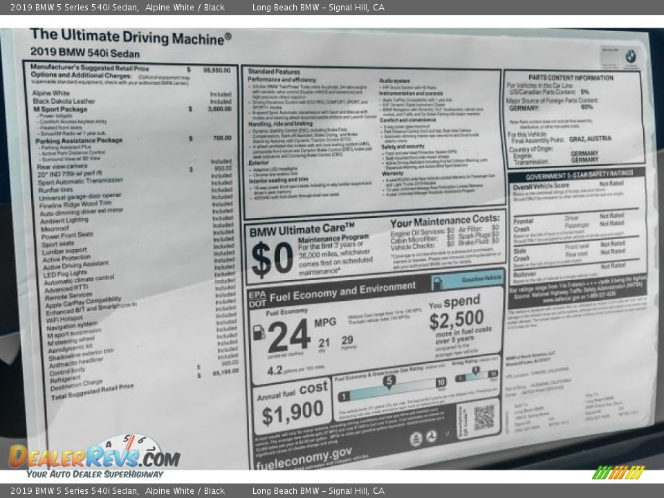 2019 BMW 5 Series 540i Sedan Alpine White / Black Photo #10
