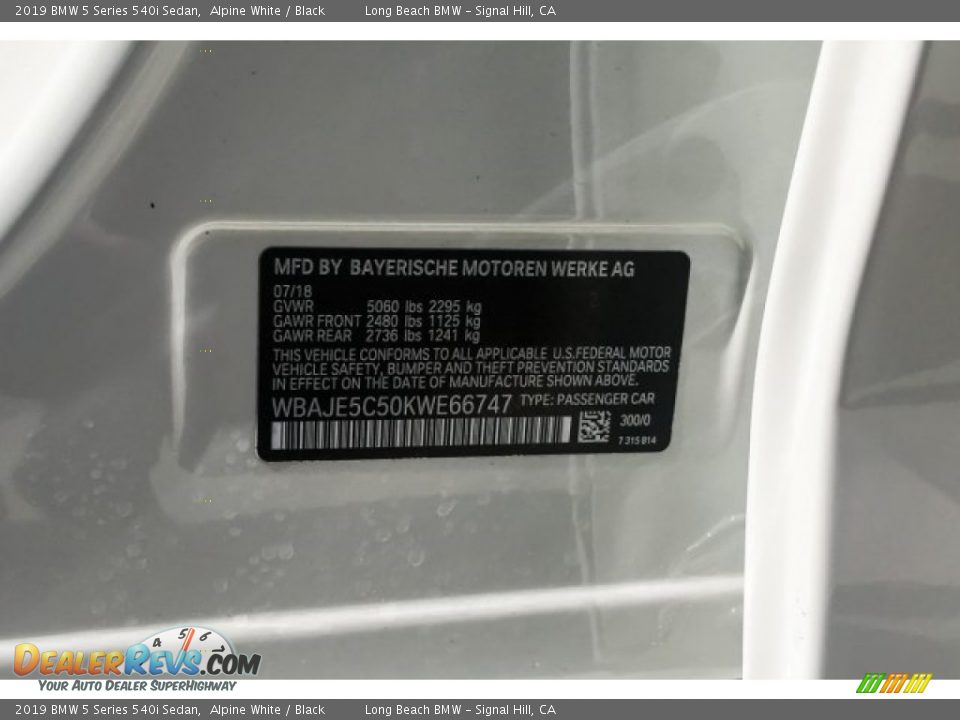 2019 BMW 5 Series 540i Sedan Alpine White / Black Photo #11
